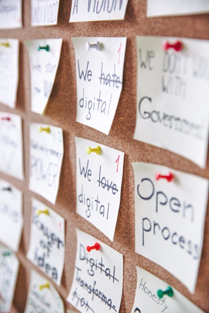 Corkboard filled with various handwritten notes and ideas pinned for planning and strategy.